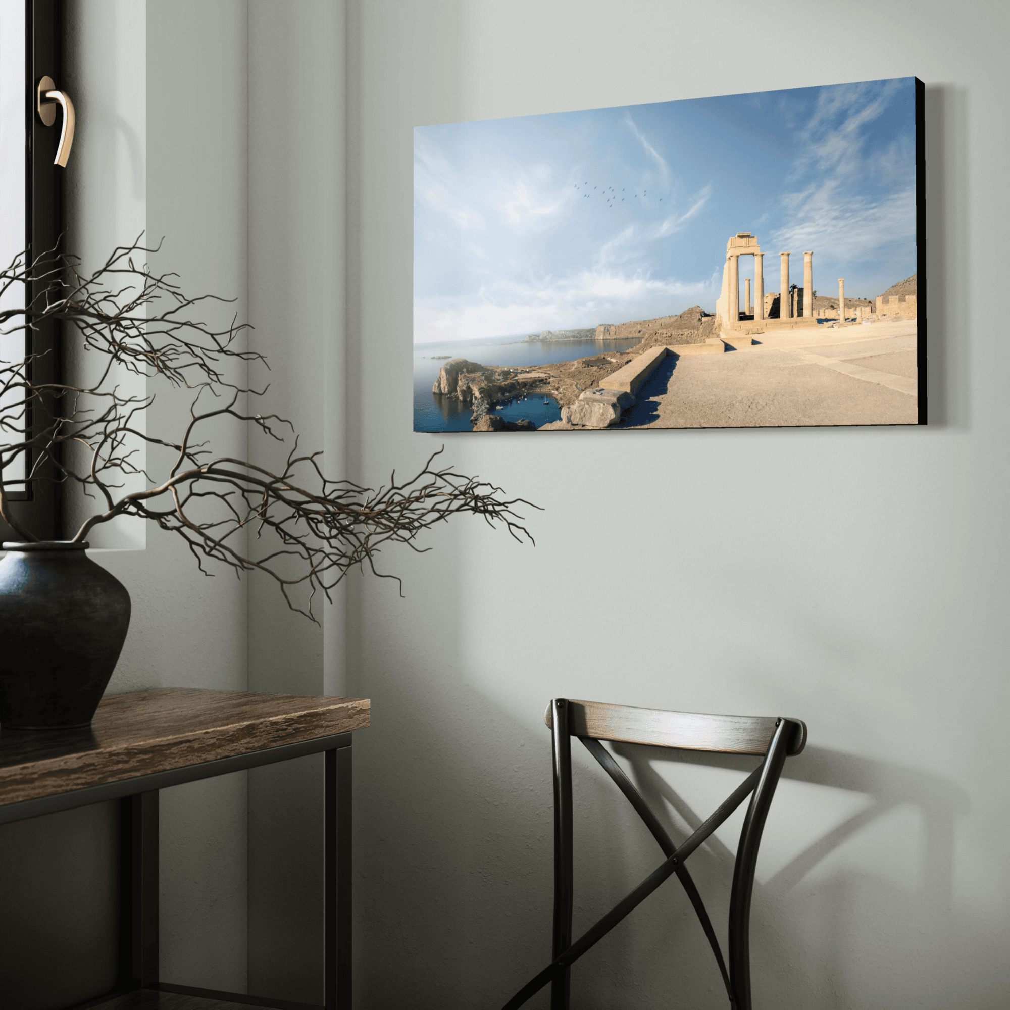 Aeonian Fine Art: Ancient Prayers shown as a hand-stretched canvas in a contemporary room setting.