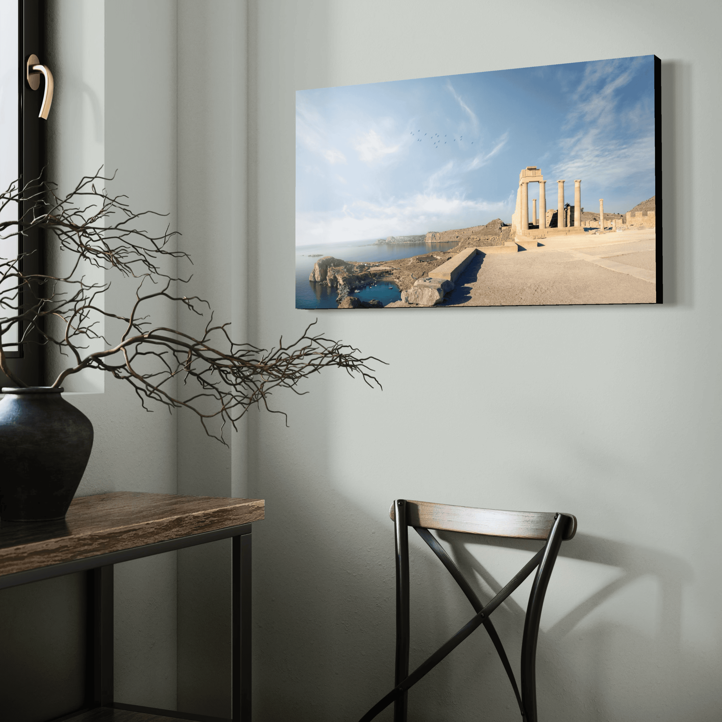 Aeonian Fine Art: Ancient Prayers shown as a hand-stretched canvas in a contemporary room setting.