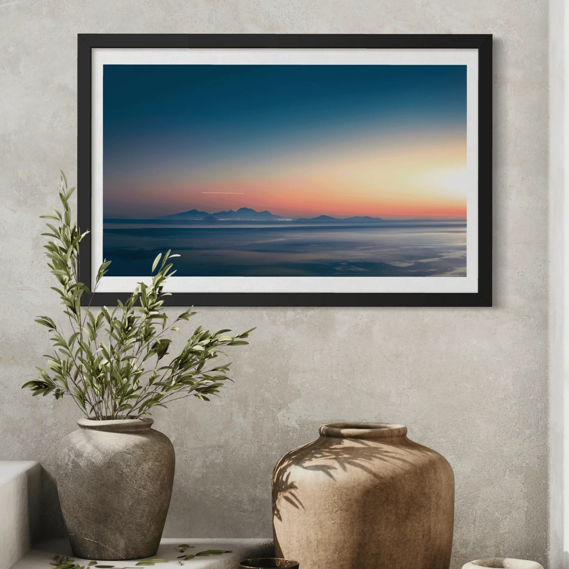 Aeonian Fine Art: NIGHT FALLS OVER NISYROS GREECE shown as a hand-stretched canvas in a contemporary room setting.