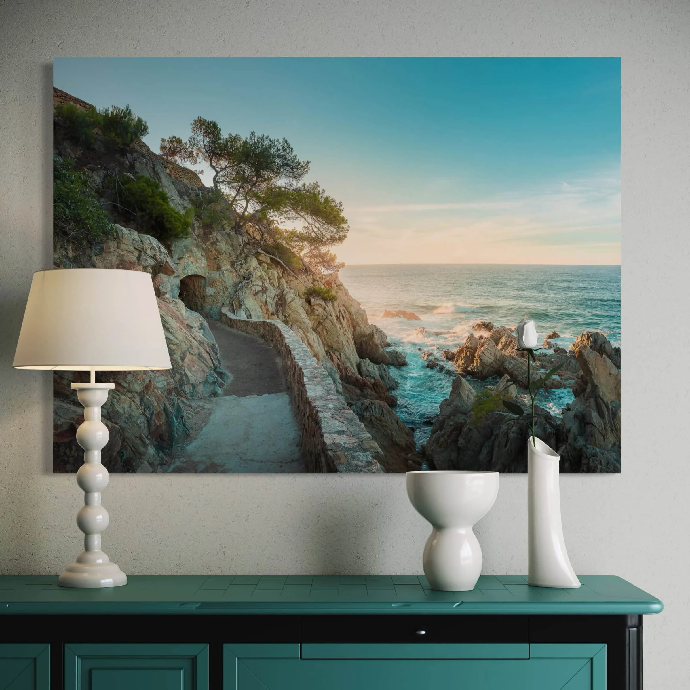 Aeonian Fine Art: Break in Storm Coastal Canvas shown as a hand-stretched canvas in a contemporary room setting.