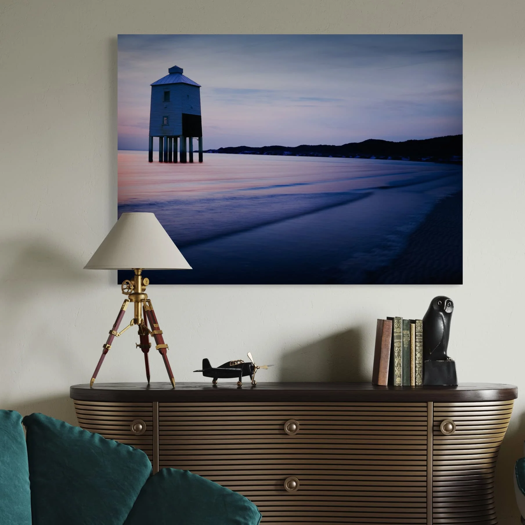 Aeonian Fine Art: Stilted Lighthouse Coastal Canvas shown as a hand-stretched canvas in a contemporary room setting.