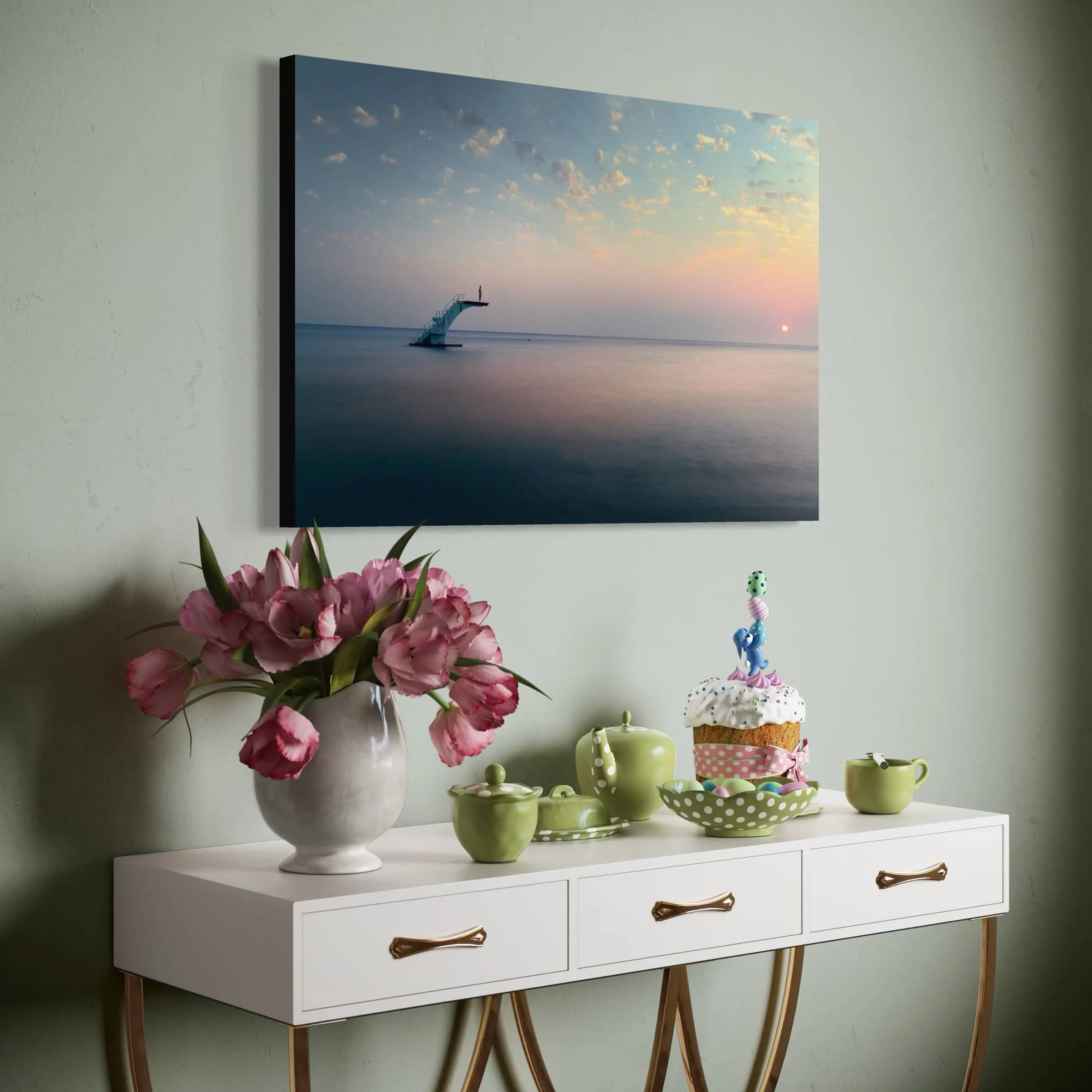 Aeonian Fine Art: Diving Into The Dawn At Eli Beach shown as a hand-stretched canvas in a contemporary room setting.