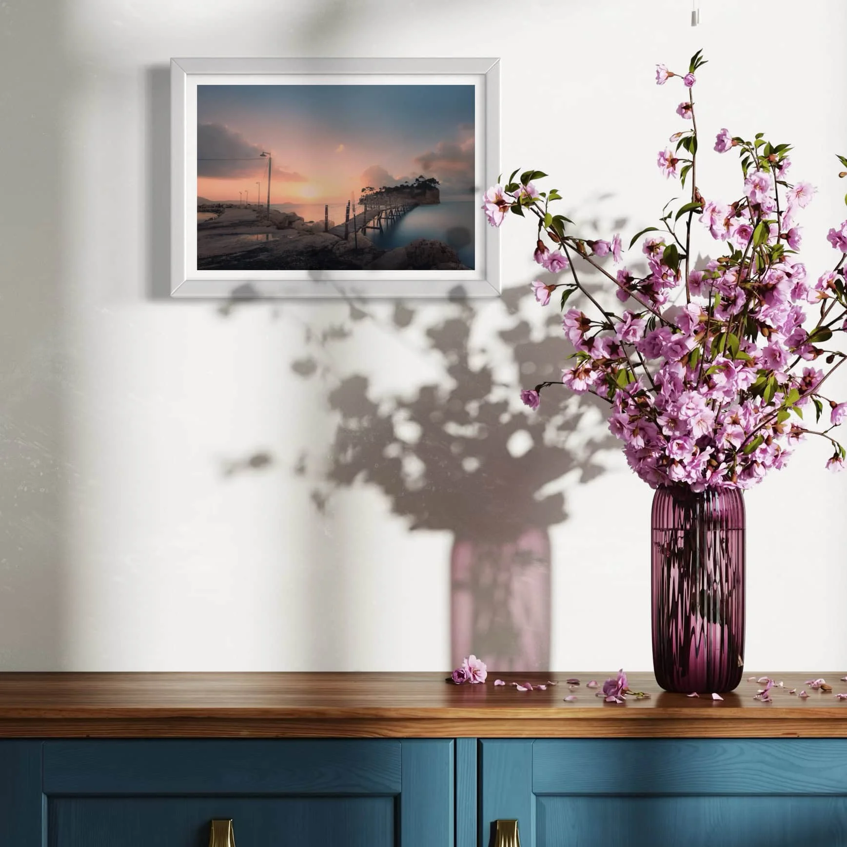 Aeonian Fine Art: 8×12  Inch Framed Beach Photos – Clearing Clouds at Cameo Island Zante Greece shown as a hand-stretched canvas in a contemporary room setting.
