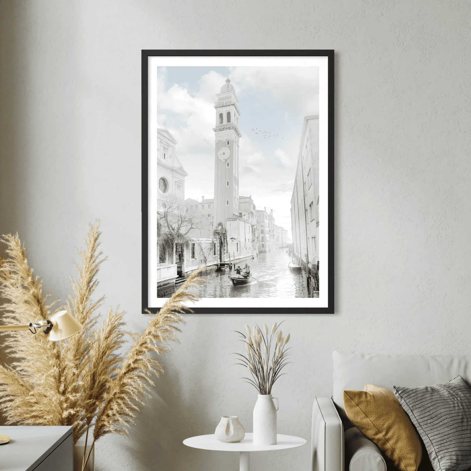 Aeonian Fine Art: ROWING TO MARKET VENICE ITALY shown as a hand-stretched canvas in a contemporary room setting.